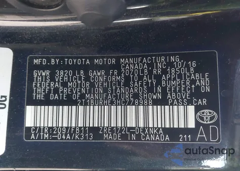 2017 Toyota Corolla Le z USA, uszkodzony, nr VIN 2T1BURHE3HC778988